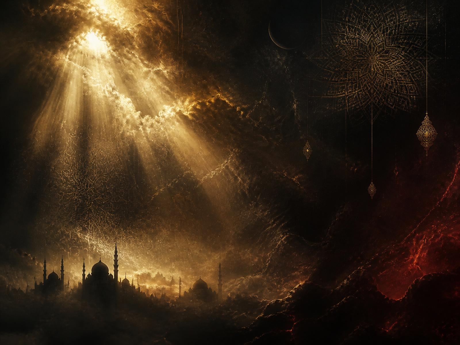 Golden light breaking through darkness over a mosque skyline