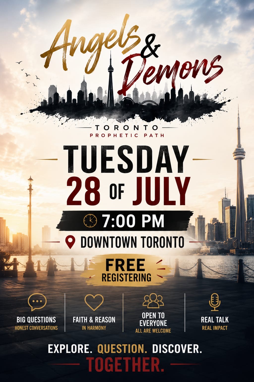Angels & Demons seminar poster — Tuesday 28 July, 7:00 PM, Downtown Toronto. Free registering. Presented by Prophetic Path.